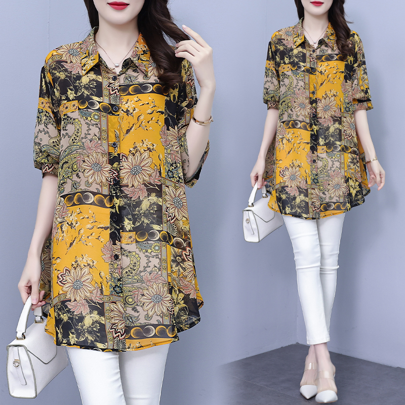 BY9191#夏季新款七分袖花色翻领防晒衬衫女装上衣妈妈中长款小衫