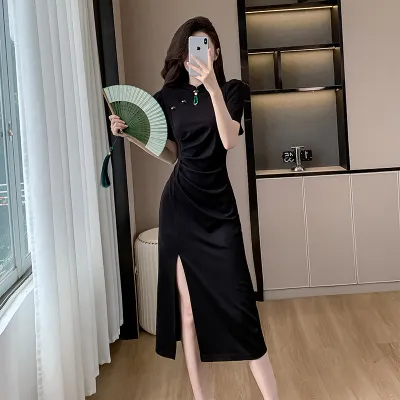 2024新款新中式国风高级感旗袍修身显瘦黑色长款包臀连衣裙8828