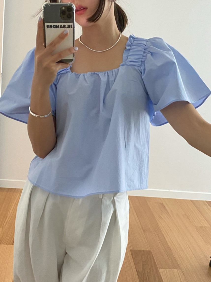 선적 한 바람 chic 품격 작은 대중 밴딩 주름 광장 칼라 대 나팔 소매 셔츠