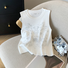 批发实拍 大货 2026夏季新款设计感烫钻无袖修身T恤上衣冰丝针织衫女