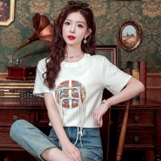 批发新中式唐装重工刺绣短袖T恤女夏季新款大码胖mm显瘦国风盘扣上衣
