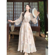 批发碎花雪纺长袖防晒连衣裙2024新款女夏季法式v领显瘦超仙绝美长裙