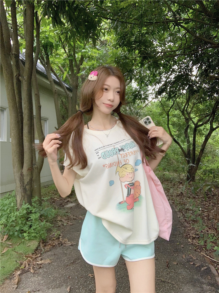 Actual shot and real price ~ Comes with lazy apricot color cartoon printed short-sleeved pullover T-shirt women's casual shorts two-piece set