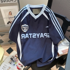 批发21支210g精梳纯棉夏季美式街头拼色条纹v领<b class='q'>短袖</b>国潮t恤<b class='q'>情侣</b><b class='q'>上衣</b>潮