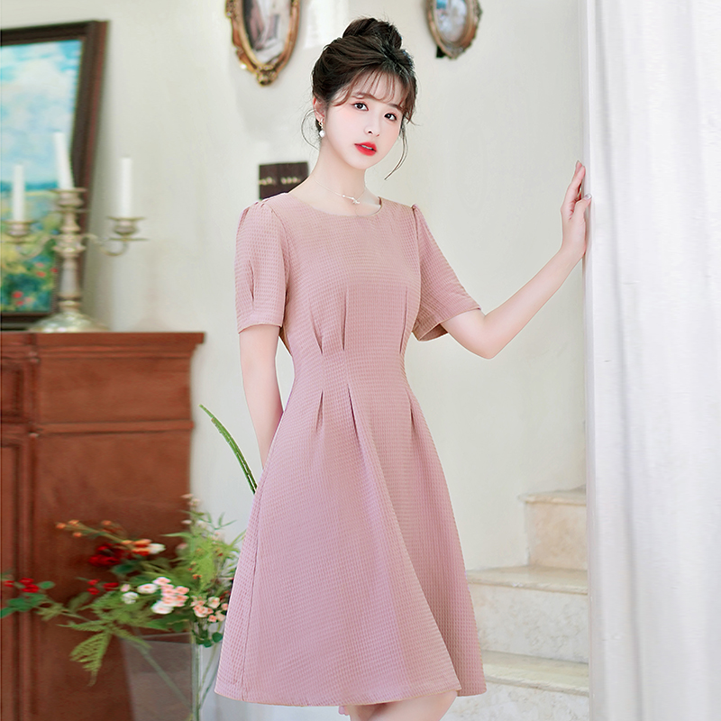 LN30070# 夏季新款圆领时尚休闲显瘦减龄修身百搭通勤粉色短袖连衣裙女