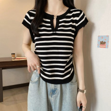 批发实拍 胖妹妹夏装大码女装松紧设计感条纹短袖T恤显瘦正肩上衣小衫
