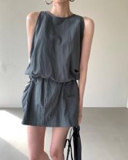 韩国chic夏季法式纯色拉链背心衬衫+松紧腰裤裙半身裙两件套