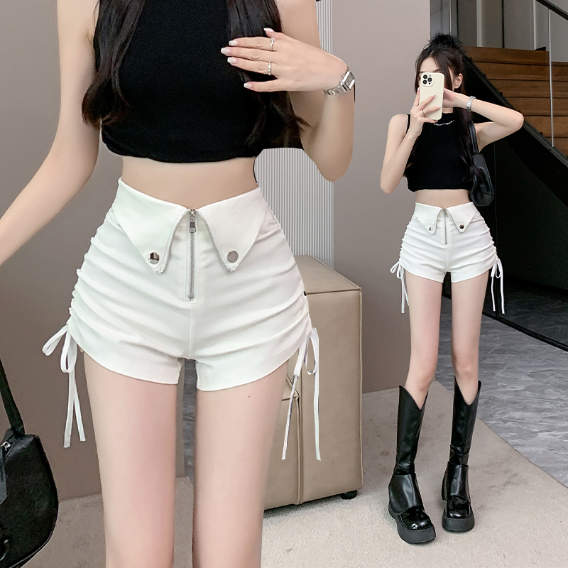 PF21545#超高腰显瘦弹力黑色休闲裤女2024夏季设计感小众抽绳阔腿裤a热裤女裝貨源服裝批發