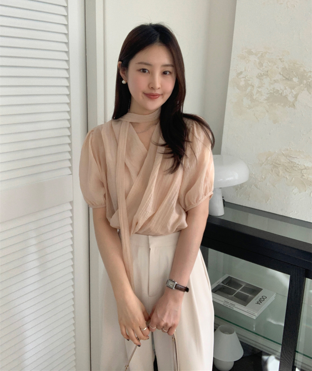 있음 선적 프랑스식 부드러운 바람 리본 V넥 주름 질감 센스 십자가 디자인 거품 소매 맨위 둘 색상
