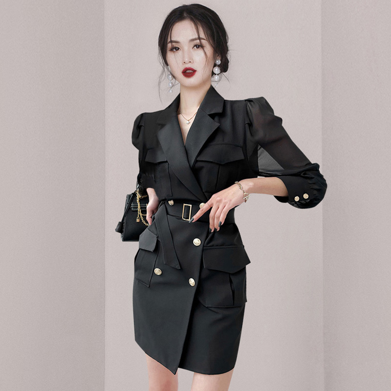 PF13308# 2024新款韩版双排扣腰带收腰拼接雪纺袖时尚职业西装连衣裙女