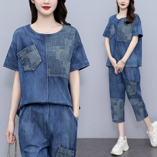 批发实拍 <b class='q'>夏</b>季新款套装女 宽松薄牛仔洗水棉拼接圆领两件套大码女装