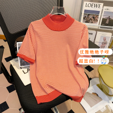 批发实拍！现货！橘红色条纹针织短袖T恤女夏季2024新款小香风上衣