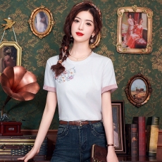批发新中式圆领套头T恤女夏日轻国风重工刺绣盘扣上衣复古风短袖小衫