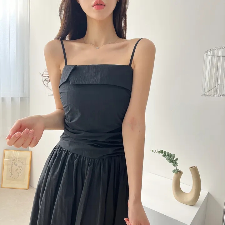 chic 한국 여름 프랑스식 품격 트임 광장 칼라 주름 장식 허리 수축 작은 대중 조끼 슬립 드레스 드레스