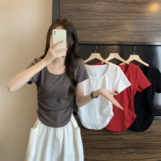 批发实拍~三标齐~纯欲风u型下摆t恤女短袖正肩新款修身收腰打底衫女