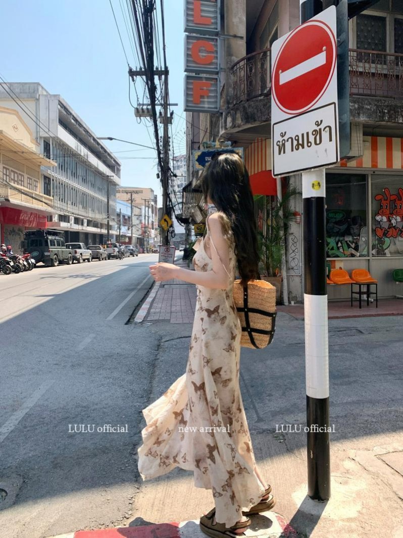 Lining + zipper suspender long dress with lace-up waist, irregular butterfly long dress, Chinese princess dress