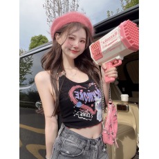 批发满天星 已出货 罗纹 甜辣风猫咪印花挂脖吊带背心女上衣