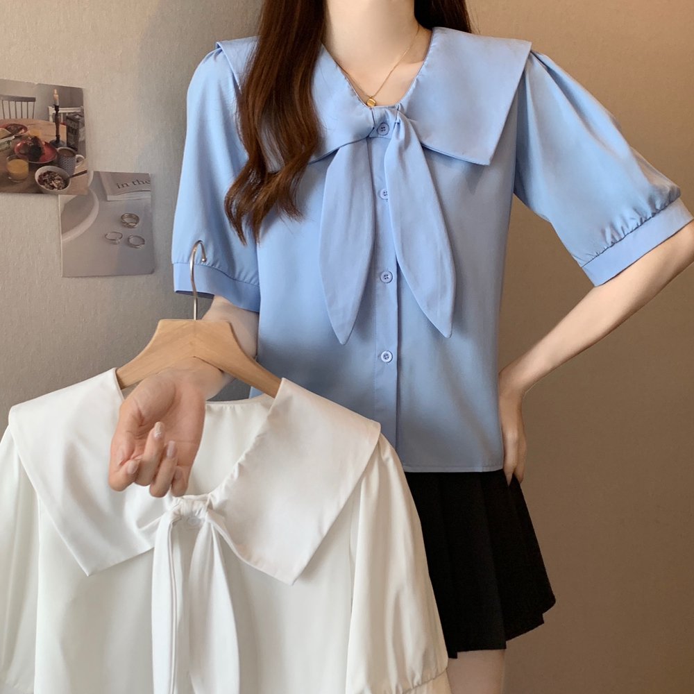 실사 베이비 칼라 셔츠 디자인 센스 작은 대중 셔츠 지방 mm 프랑스식 Chic 나비 매듭 맨위 m-4xl200 근