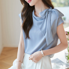 批发实拍法式不对称领结 柔软细腻<b class='q'>衬衣</b>女夏季通勤知性气质缎面<b class='q'>衬衫</b>