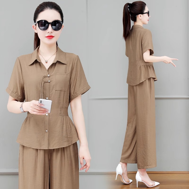 RY6329# 冰丝盘扣套装女夏2026新款休闲运动时尚洋气减龄小个子衬衫...