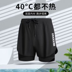 批发欧美式高街潮流假两件薄款休闲短裤男夏季垂感宽松直筒裤子