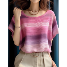 批发复古休闲风圆领粉色条纹针织短袖T恤女夏季新款优雅<b class='q'>宽松</b>绝美小衫