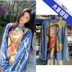 批发鞠婧祎明星同款T恤女宽松独角小熊蓝色长袖上衣夏显瘦白搭打底衫