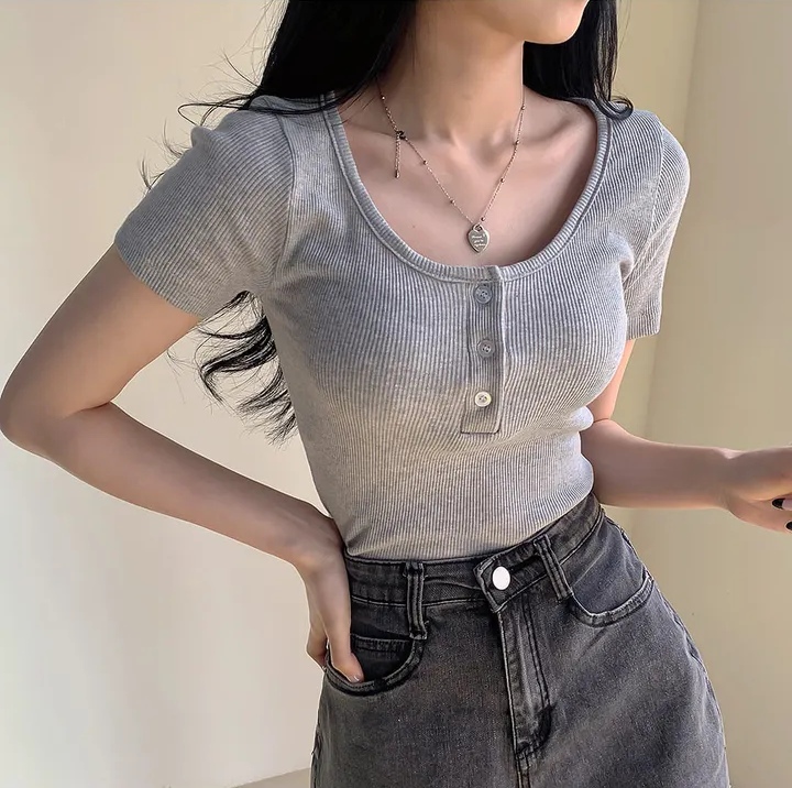 있음 선적 한국 chic 여름 반팔 리브 티셔츠 여성 순수한 욕망 섹시함 핫걸 몸매 가꾸기 슬림해 보이는 맨위