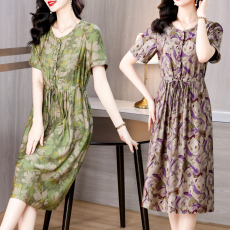 批发中长款桑蚕丝<b class='q'>连衣裙</b>女2026夏装商柜同款气质碎花真丝大码裙子