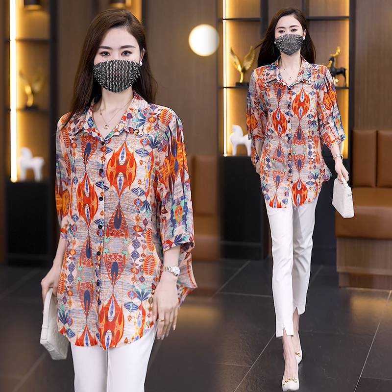 BY9185#花色宽松中长款衬衫女士夏季薄款复古印花开衫女