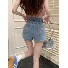 批发甜辣减龄显瘦高腰<b class='q'>牛仔</b><b class='q'>短裤</b>女蝴蝶结刺绣毛边直筒热裤潮