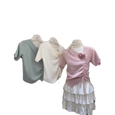 批发短款不规则粉色斜领短袖T恤女夏季小个子修身收腰抽绳褶皱上衣