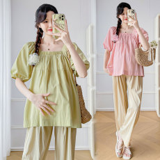 批发实拍孕妇夏季新款方领衬衫法式泡泡袖宽松娃娃衫上衣