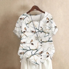 批发实拍2024亚马逊wish速卖通爆款女装印花复古棉麻短袖T恤女