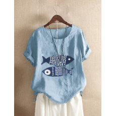 批发2024亚马逊wish速卖通爆款女装印花复古棉麻短袖T恤女