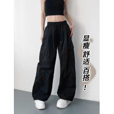 批发黑色工装阔腿裤女夏季大码胖mm冰丝薄款速干降落伞美式运动直筒裤