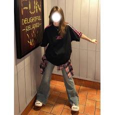 批发21支210g精梳纯棉夏季美式复古三条杠<b class='q'>短袖</b>t恤女设计感<b class='q'>情侣</b><b class='q'>上衣</b>潮