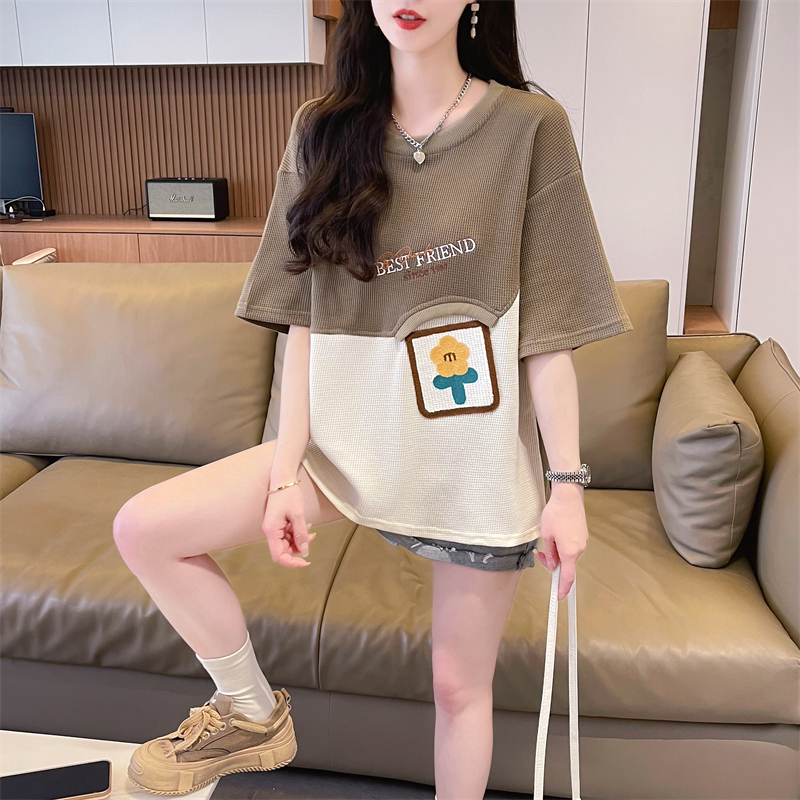 LN30024# 夏季新款韩版宽松华夫格拼色刺绣大码百搭短袖T恤女