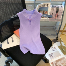 批发实拍修身新中式国风盘扣无袖背心女夏季螺纹镂空内搭针织洋气小衫