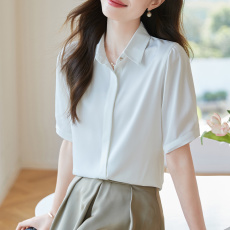批发实拍2026夏季新款真丝韩版百搭通勤基础款<b class='q'>衬衫</b>女短袖纯色缎面<b class='q'>衬衫</b>
