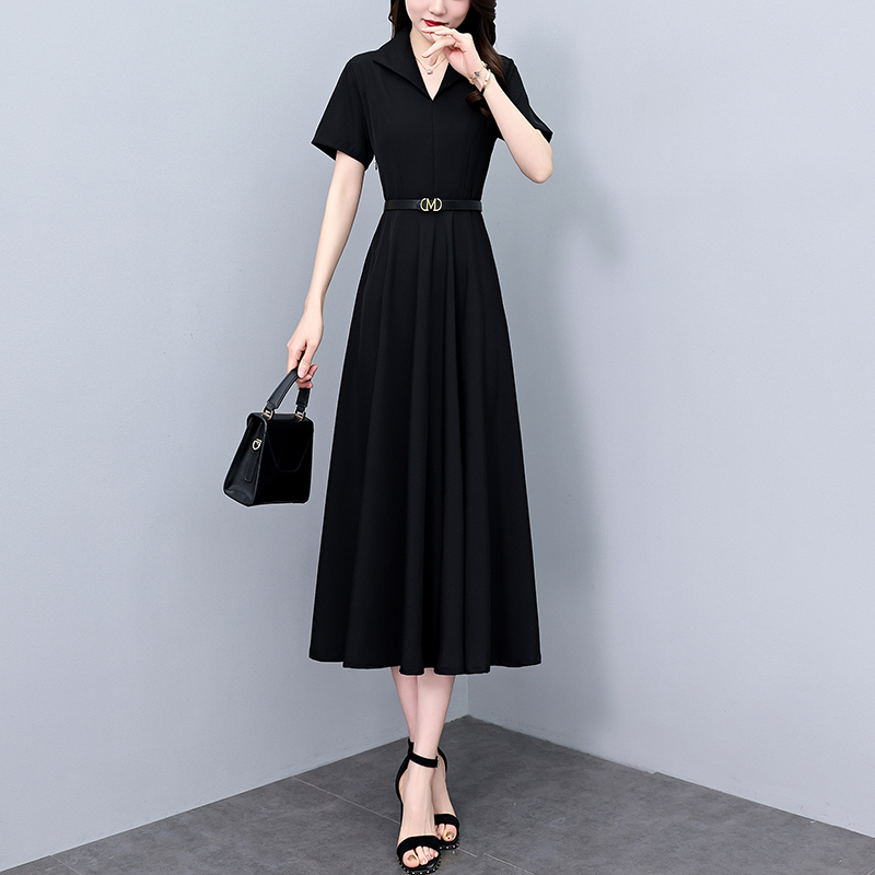 LN30106# 夏季新款黑色连衣裙大码胖mm收腰显瘦遮肚长裙