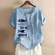 批发实拍2024亚马逊wish速卖通爆款女装印花复古棉麻短袖T恤女