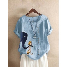 批发实拍2024亚马逊wish速卖通爆款女装印花复古棉麻短袖T恤女