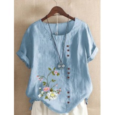 批发实拍2024亚马逊wish速卖通爆款女装印花复古棉麻短袖T恤女