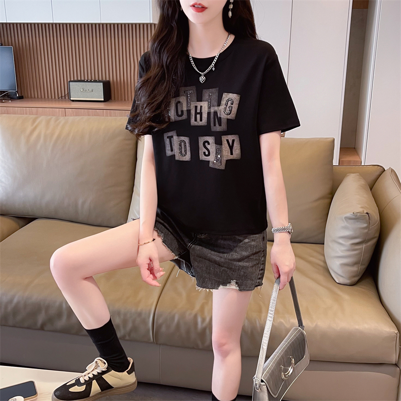 PF8638#短袖T恤女2024夏季韩版新款设计感重工烫钻宽松大码撞色上衣...
