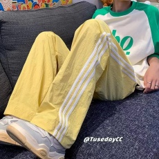 批发官图  多巴胺三条杠拼接休闲裤子速干夏季美式高街阔腿长裤