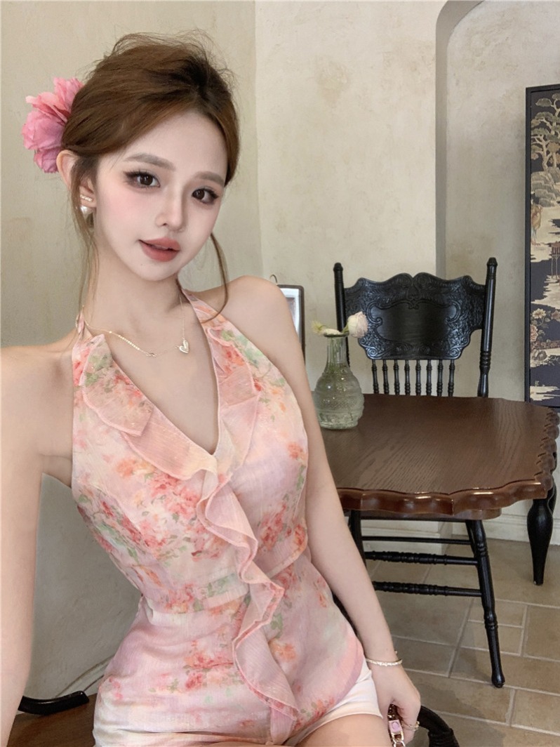 실사 정가 프랑스식 요정 바람 홀치기 염색 깨진 센스 프릴 V넥 행침 목 백리스 조끼