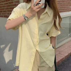 批发韩系100%纯棉四色森系甜美粉色短袖女小个子宽松百搭薄款衬衣外穿