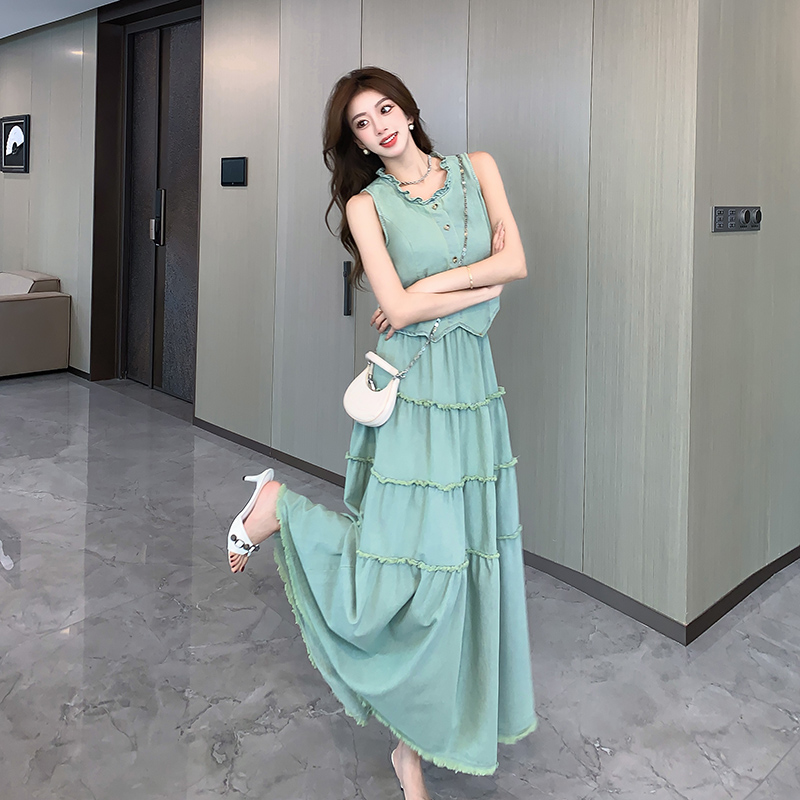 FA25951# 牛仔套装裙夏季显瘦减龄马甲无袖上衣半身裙时尚两件套 服裝批發女裝批發服飾貨源