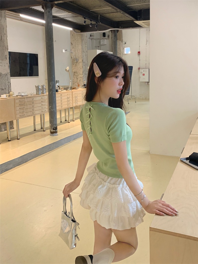 LN29642# 新款韩版夏季蝴蝶结设计感后背镂空针织短袖T恤上衣女 服裝批發女裝批發服飾貨源